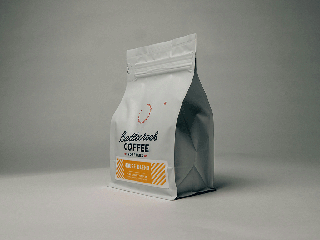 White flat bottom coffee bag showing a modern coffee packaging design