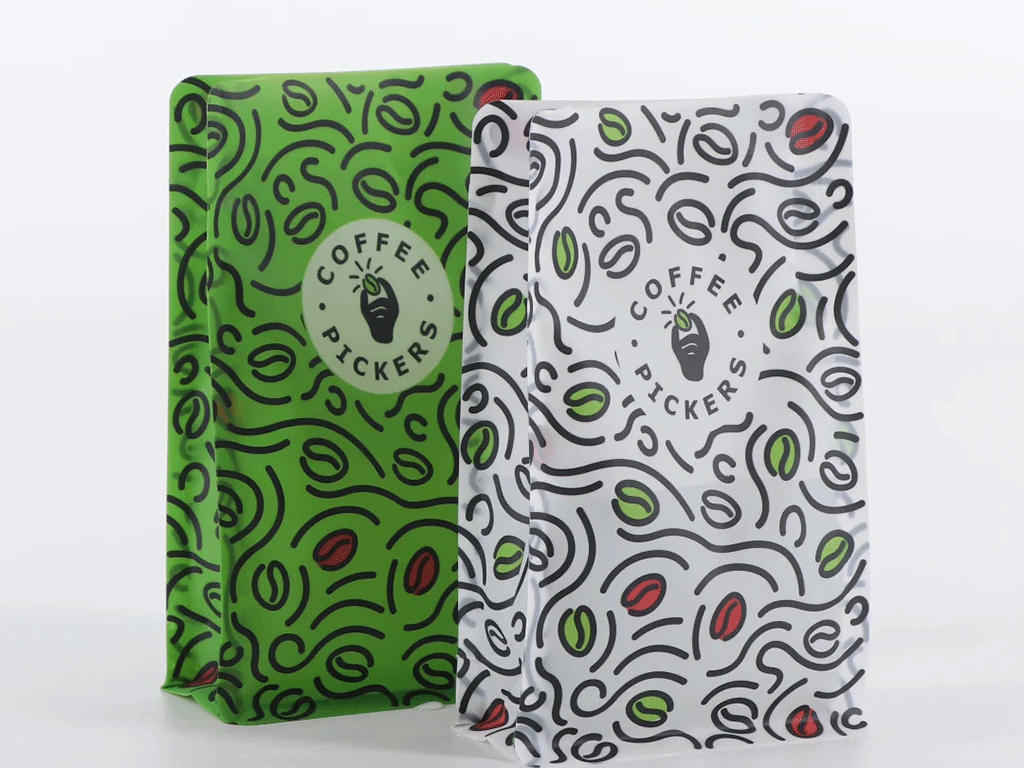 Custom printed patterned LDPE coffee bags showing modern recyclable packaging designs