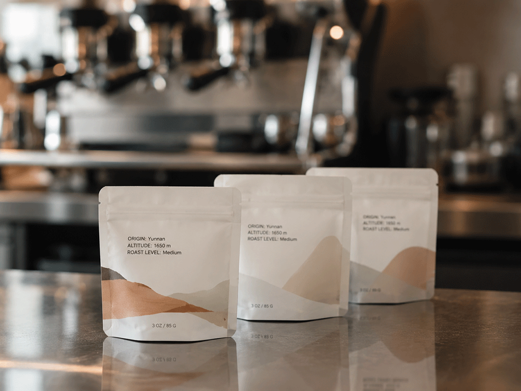 sample coffee bags arranged for coffee tasting with minimalist custom packaging design