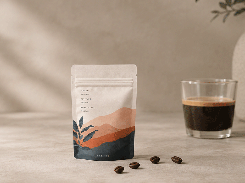 Sample coffee bag with coffee beans and brewed coffee cup showcasing specialty coffee packaging design