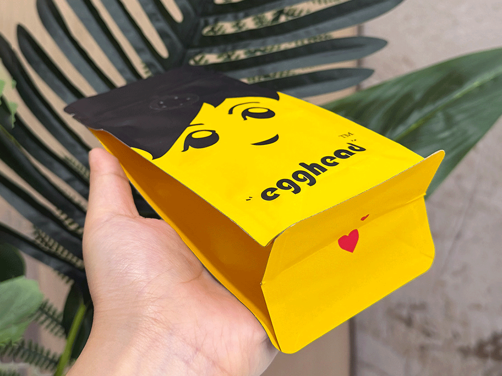 Custom sample coffee bags displayed in hand showing unique coffee packaging design and structure