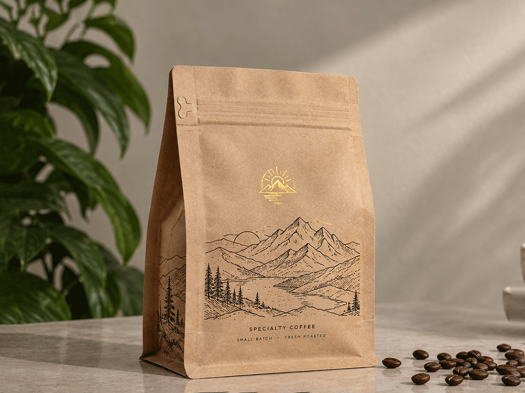 Are_Hot_Foil_Stamping_Coffee_Bags_Sustainable_1 Kraft paper coffee bag with gold hot foil stamping details for sustainable coffee packaging