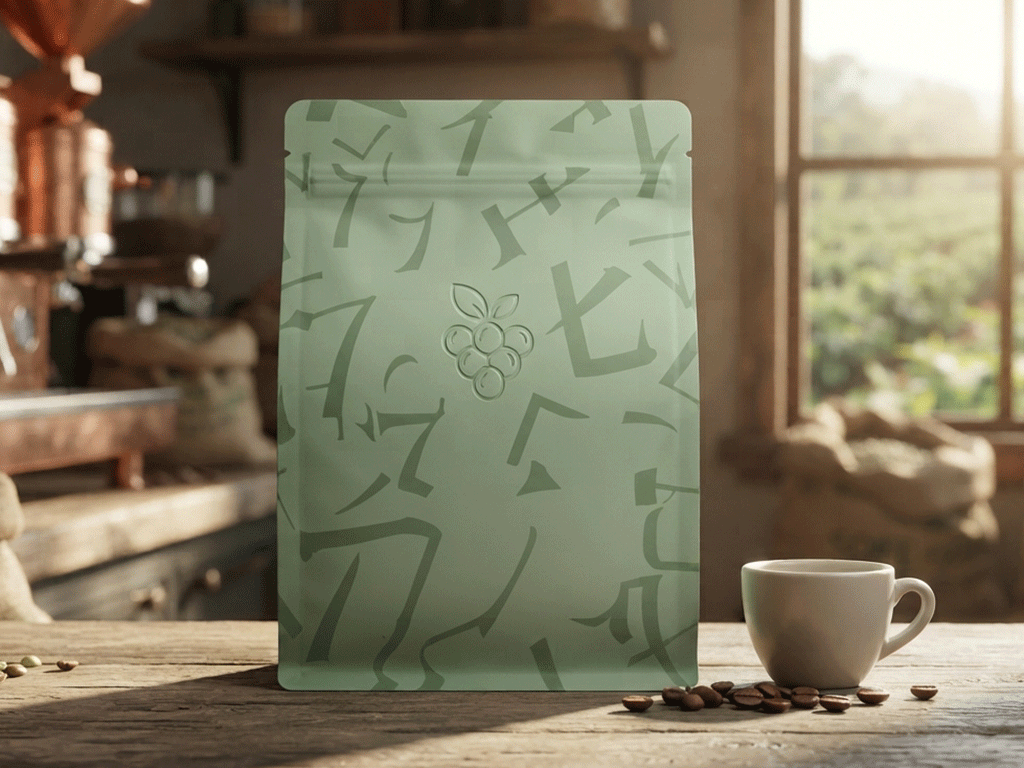 Green coffee packaging bag with a minimalist design for specialty coffee products