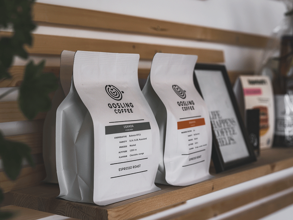 Coffee bags showing clear product information, origin details, and tasting notes for specialty coffee roasters