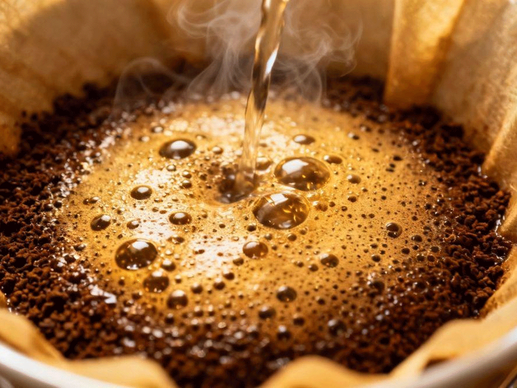 Hot water poured over coffee grounds during coffee bloom