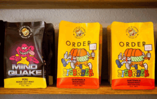 Coffee bags with different roast levels and unique packaging designs