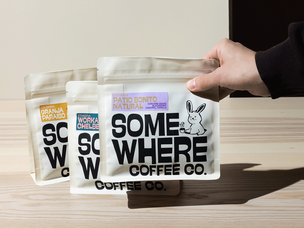 Coffee bags with consistent branding and different label designs