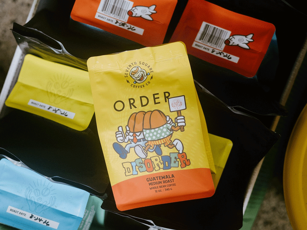 Coffee bags with different roast levels and colourful designs