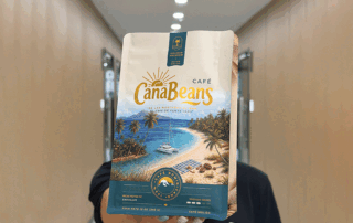 Illustrated coffee bag featuring colorful coffee packaging designs